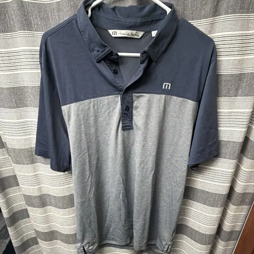 TravisMathew Men’s Large Golf Polo Blue Gray Colorblock Pima Cotton Shirt